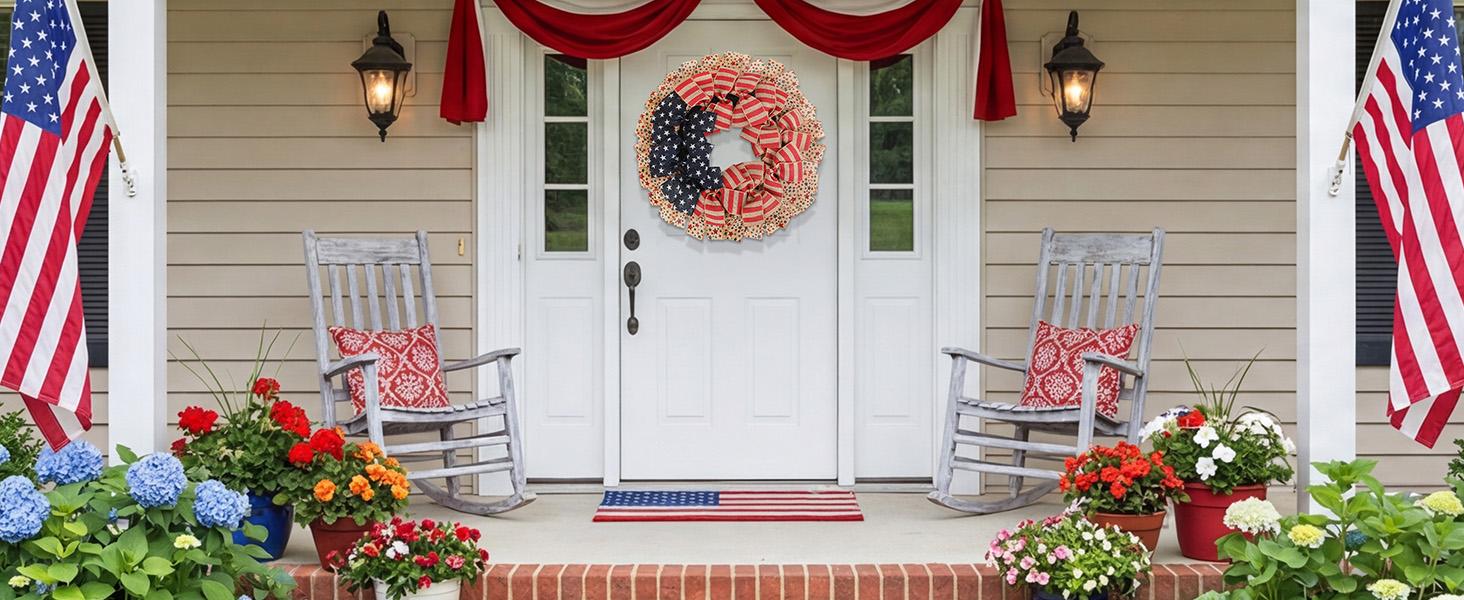 24Inch 4th of July Wreath  Patriotic Burlap, Stars & Stripes, USA 250th Anniversary  Memorial Day Flag Decor for Front Door Outdoor