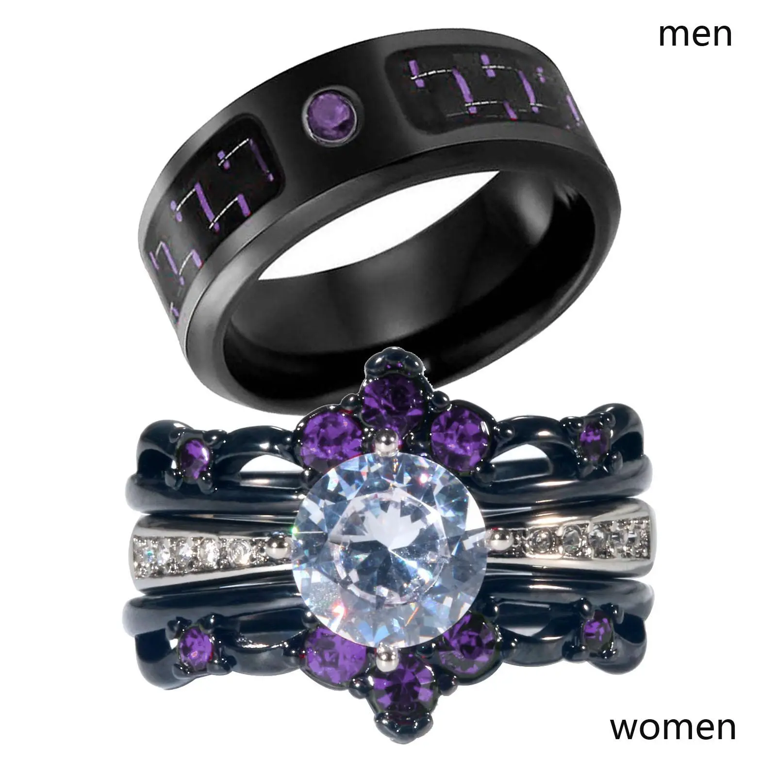 Couple Rings Black Matching Ring 1.5ct AAA CZ Women Wedding Ring Sets For Him And Her Wedding Ring