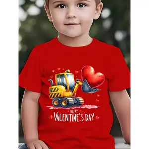 Valentine's Day" Summer Boys' Fashion Short Sleeve T-Shirt with "HAPPY VALENTINE's DAY" Excavator Holding Heart Cartoon Print, Casual Outdoor Top NY-DX4948