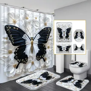1pc/4pcs 2D Flat Black and White Butterfly Pattern Multi-Color Background Shower Curtain, Modern Home Bathroom Art Decoration, Bathroom Decoration Accessories, Shower Curtain Set with 12 Hooks, Bathroom Non-Slip Mat, Toilet Seat Cover