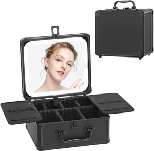 Makeup Box with LED Mirror &  Frame, Compact Multi-Layer  Organizer - Portable ABS Travel  Case for Makeup Storage( for Girlfriend/Daughter) (Black)
