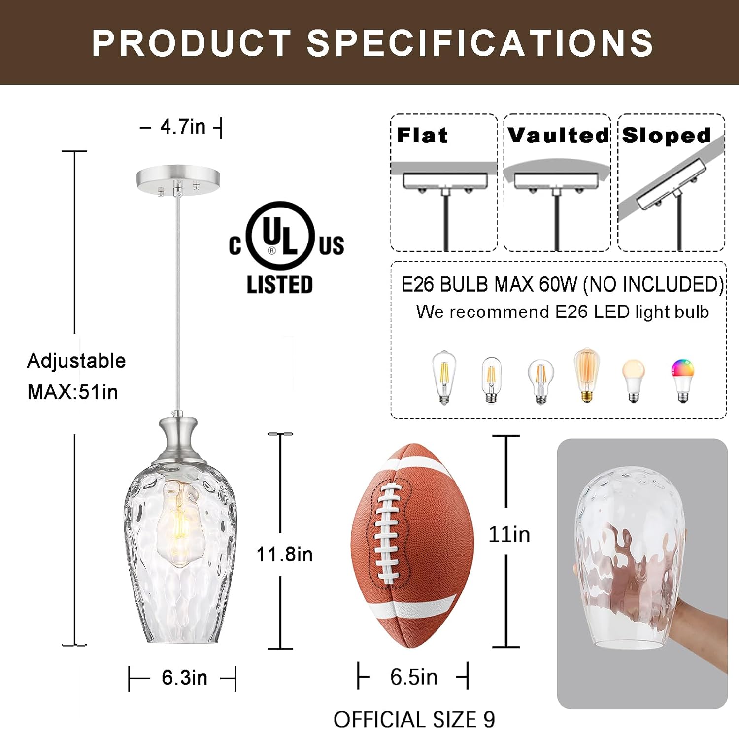 Glass Pendant Lights Kitchen Island, 1-Light Brushed Nickel Fixtures with Hand-Blown Clear Glass Modern Farmhouse Hanging Light for Kitchen Sink Dining Room Bedroom