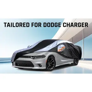 Dodge Charger Car Cover Waterproof All Weather with Silver Strip Design, Custom Fit for Dodge Charger 2006-2023, Charger Accessory with Door Zipper & Windproof Straps