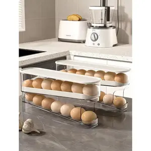 Automatic Rolling 2 Tier Eggs Holder 11.92”D X 3.34” W X 5.59” H Stackable Fridge Organisers, Clear Plastic Egg Dispenser With Lid Egg Storage For Refrigerator, & Kitchen Countertop