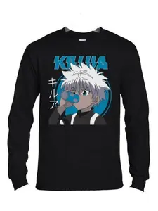 Hunter x Hunter Killua Drinking Long Sleeve T-Shirt for Men – Black Anime Tee Chill Assassin Shirt