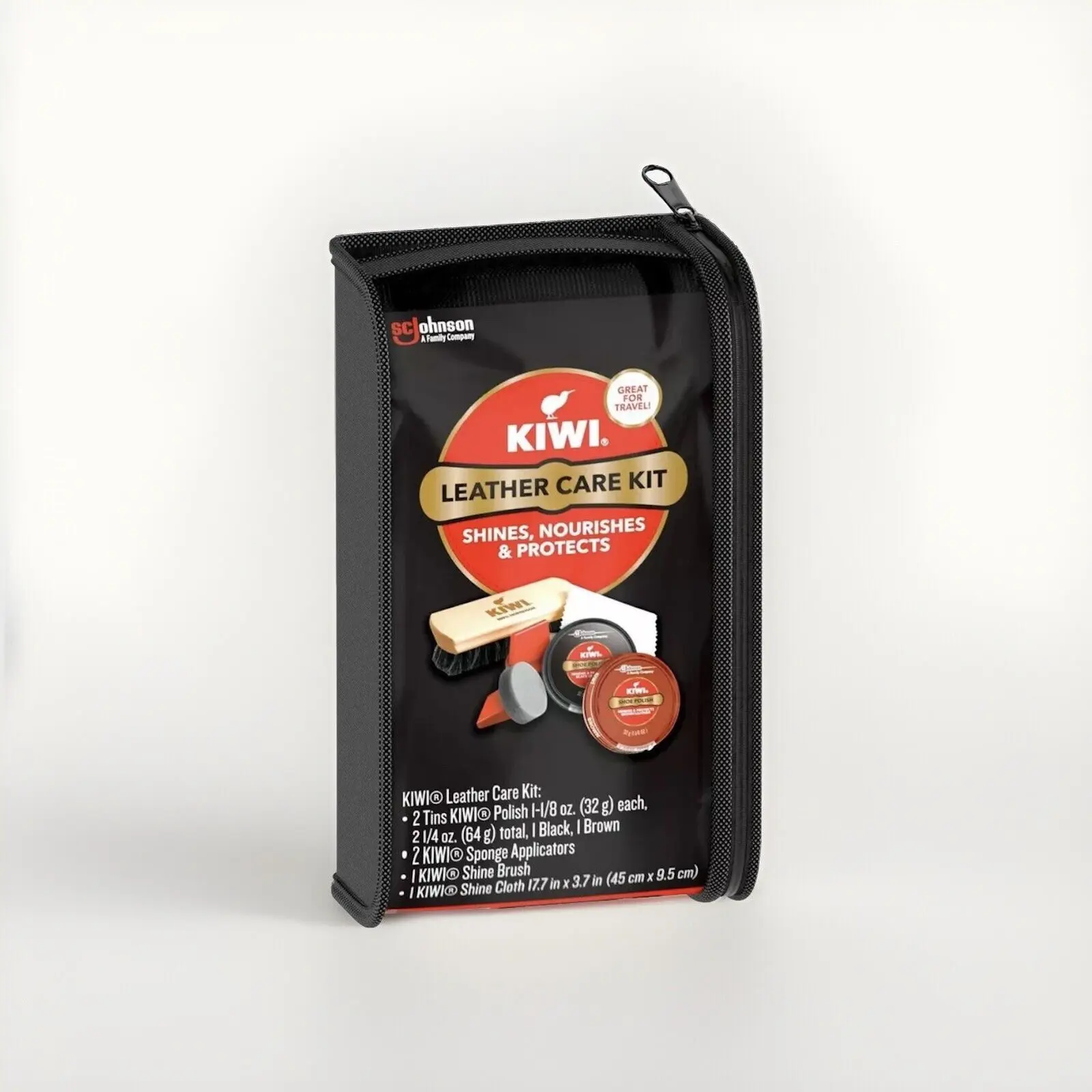 Kiwi Leather Care Kit (6 Piece Kit) Shines Nourishes Protects Leather Material Including Bags Shoes and Clothing - Shoe Polish, Wash, Brush & Travel Bag