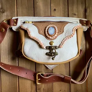 Handcrafted Leather Hip Bag Pouch with Moonstone , waist belt, Hip belt, Pocket belt, Utility belt, Festival Bag, Handmade,burning man