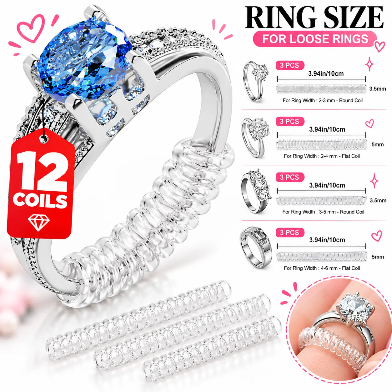 Christmas Gift Ring Sizer for Loose Rings, 12 Pack 4 Sizes, Invisible Clear Silicone, Non-Slip Adjustable Ring Sizers, Ring Resizer and Tightener Guards, for Women and Men, Make Rings Smaller Without Resizing