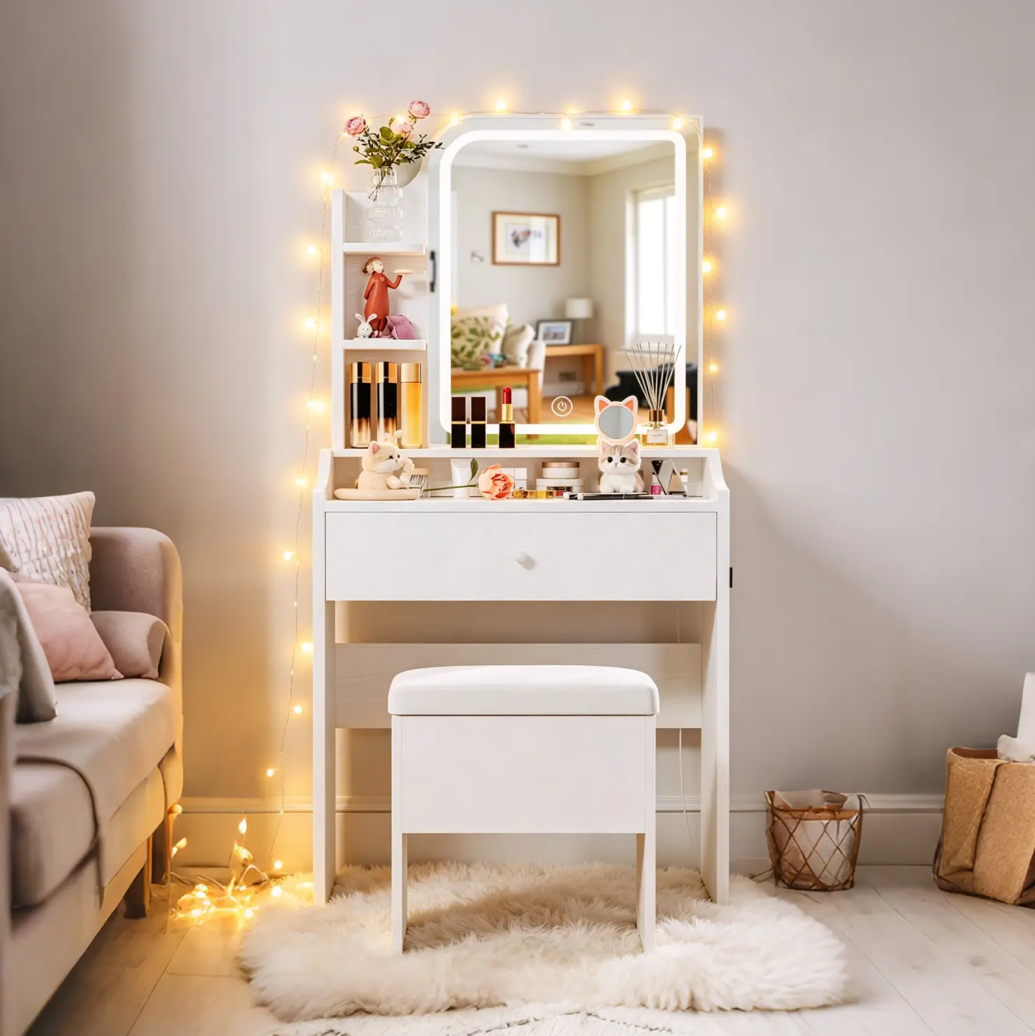 LED Dressing Table Vanity Set with Touch-Control Lighted Mirror, Spacious Drawers, Side Storage Shelves & Stool - Modern Desk, Built-In Makeup Organizer, Compact Indoor Bedroom Vanity for Girls