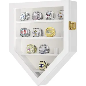 Championship Ring Display Case, 12 Ring Posts Baseball Ring Display Case, Wall Mount Wooden Glass Shadow Box with Locks to Show Sport, Class, Fraternity, and Award Rings - White