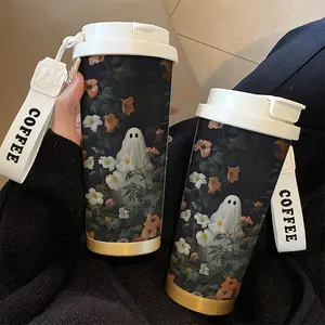 [Thermos Cup] Double-layer insulated 18oz stainless steel cup with lid and keychain| Gothic floral skull design, portable and suitable for office, home, and campus - Valentine's Day gift for coffee/tea lovers