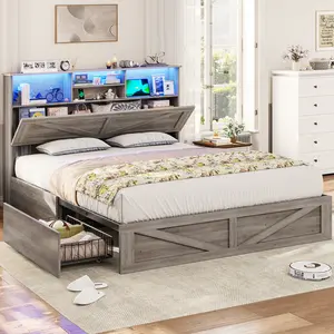 AOGLLATI Full Size Bed Frame with Storage Bookcase Headboard and 4 Drawers,Wooden Farmhouse Led Bed Frame Full Size with Charging Station & Metal Slats