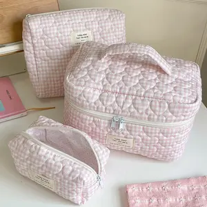 3-Piece Gingham Pattern Cute Makeup Bag Set Portable Travel Makeup Bags Cosmetic Bag Makeup Organizer Pouch Cosmetic Organiser Jewelry Organiser Multifunctional Storage Bag For Women Clutch With Zipper Closure For Cosmetics,Brush,Skincare Make Up Bag