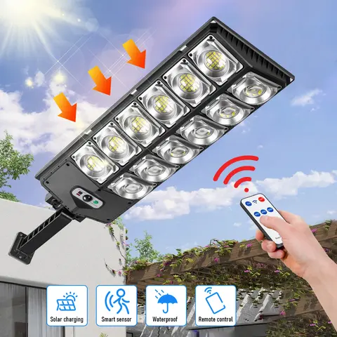 Qawtor Ultra-Bright Solar Street Light with 360 LEDs & Wide Angle Motion Sensor Remote Control Dusk to Dawn Energy-Saving Adjustable for Pathways Parking Lots Yards Outdoor Use IP65 Waterproof