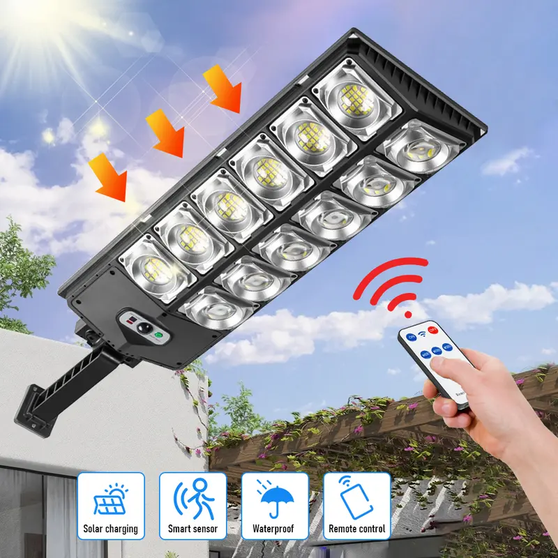 Qawtor Ultra-Bright Solar Street Light with 360 LEDs & Wide Angle Motion Sensor Remote Control Dusk to Dawn Energy-Saving Adjustable for Pathways Parking Lots Yards Outdoor Use IP65 Waterproof