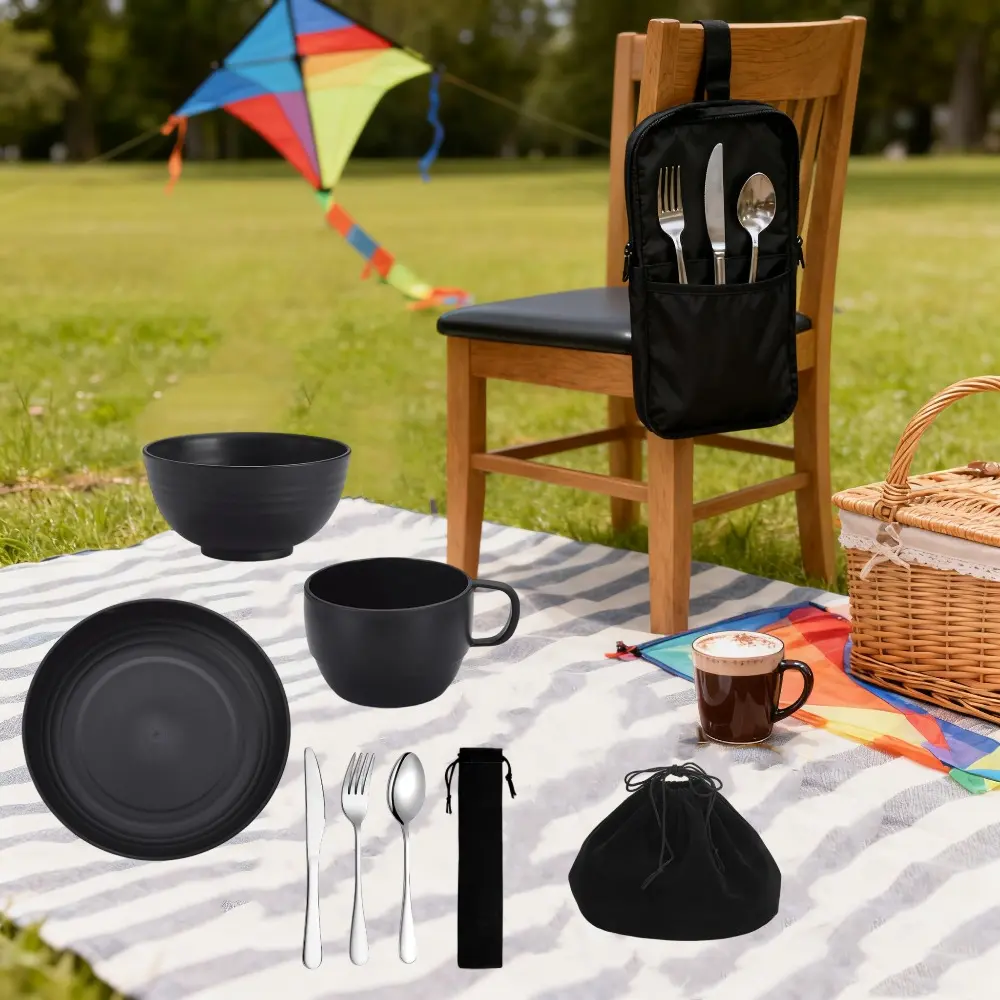 Stainless Steel 8-Pcs 1-Person Camping Mess Kit, Portable Travel Utensils Set with Reusable Lightweight Mug, Bowls & Plate - Dishwasher Safe for Camping, Barbecues, Daily Use, Street Foods