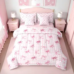 Feelyou 7-Piece Pink Bow Microfiber Cloth Bedding Set - Pink and White Checkered Comforter with Sheets, Coquette Ribbon Bow Tie Design, Cute Preppy Linens for Girls' Girly Bedroom Decor