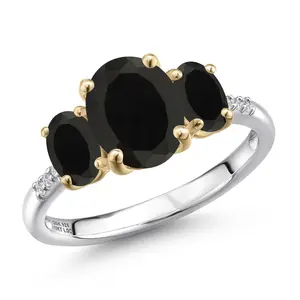 Gem Stone King 925 Silver and 10K Yellow Gold Black Onyx and Lab Grown Diamond Engagement Ring For Women | 2.86 Cttw | Oval 9X7MM | December Birthstone