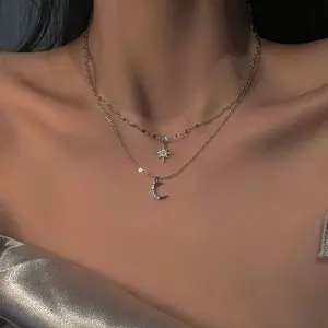 Women's Silver Moon & Star Layered Necklace - Dainty Double Stacked Choker, Minimalist Sparkling CZ Clavicular Chain, Crystal Layered Gemstone Necklace with Chain Detailing, Trendy Everyday Aesthetic Jewelry, Chain Detailing Necklaces, Clavicular Necklace
