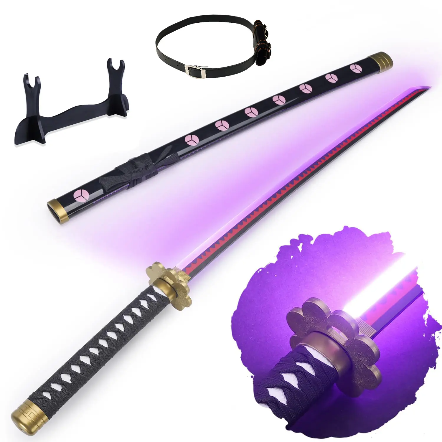 Roronoa Zoro Shusui Light Up Sword, 41-Inch Plastic Fantasy Replica for Cosplay, Decoration & Collection, LED Prop with Belt & Display Stand, Anime Collectors