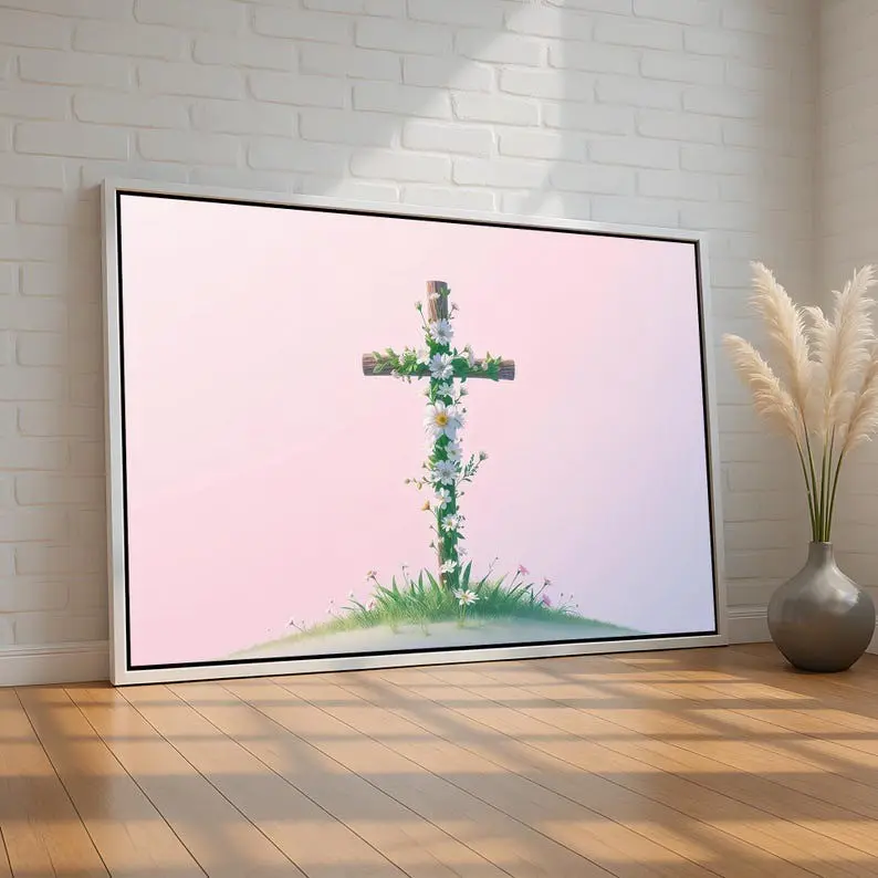 Floral Christian Cross Wall Art Poster, Easter Wooden Cross with White Flowers Poster, Faith-Inspired Religious Decor
