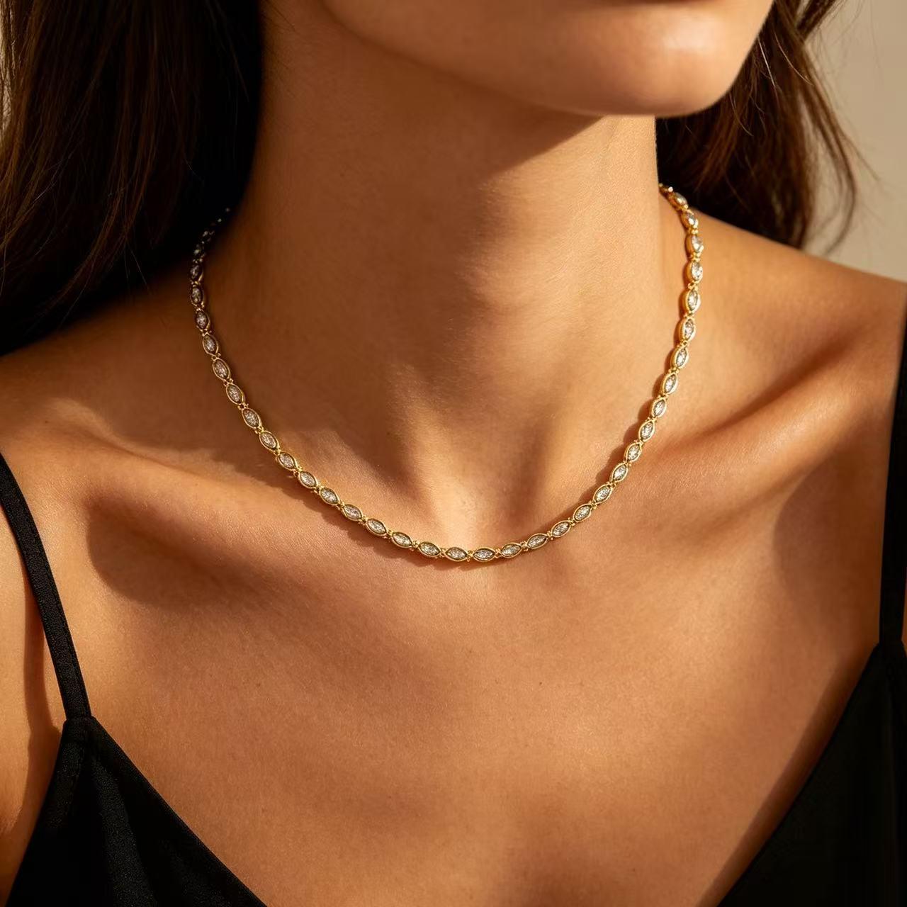 QUEENDO Marquise Cut Tennis Choker Necklace - Tarnish Resistant Polished Metal, Continuous Bezel-Set Marquise Stones, Dainty Minimalist Collarbone Chain, Everyday Layering Neck Jewelry, Affordable Luxury Style, adjustable link bracelet, daily jewelry gift