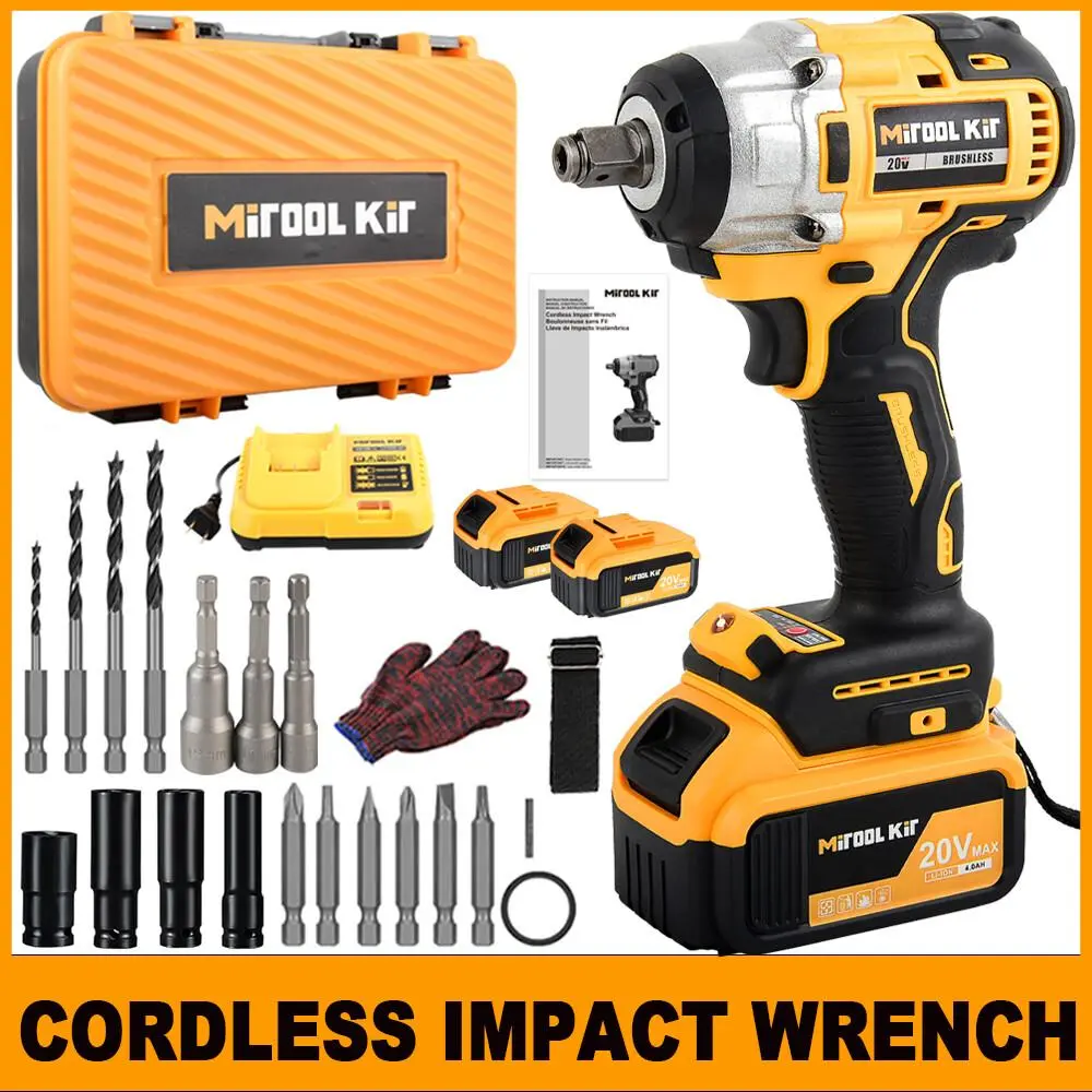 Professional 1/2 Inch Cordless Impact Wrench with 2 Li ion Batteries High Torque Electric Impact Gun for Continuous Automotive Repair and Tire Changing Tool Kit