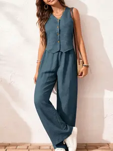 Two piece women's French retro V-neck sleeveless vest set with fashionable high waist and wide leg pants, exuding a slimming vibe for commuting. Suitable for summer, vacation, indoor, and outdoor wear Casual Womenswear