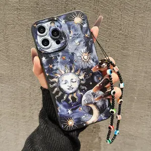 Sun & Moon Pattern Phone Case with Lanyard, Soft Phone Case with Eye Lanyard, Phone Accessories Compatible with iPhone 16 15 Pro Max 14 Plus 13 Pro Max, Cover