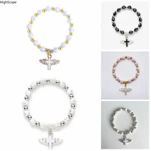 5pcs Hot Stamped Acrylic Cross Pendant Elastic Beaded Bracelets - Angel Bead Bangles, Oil-Drip Trend Etsy-Style Costume Jewelry Fashion Accessory, yes