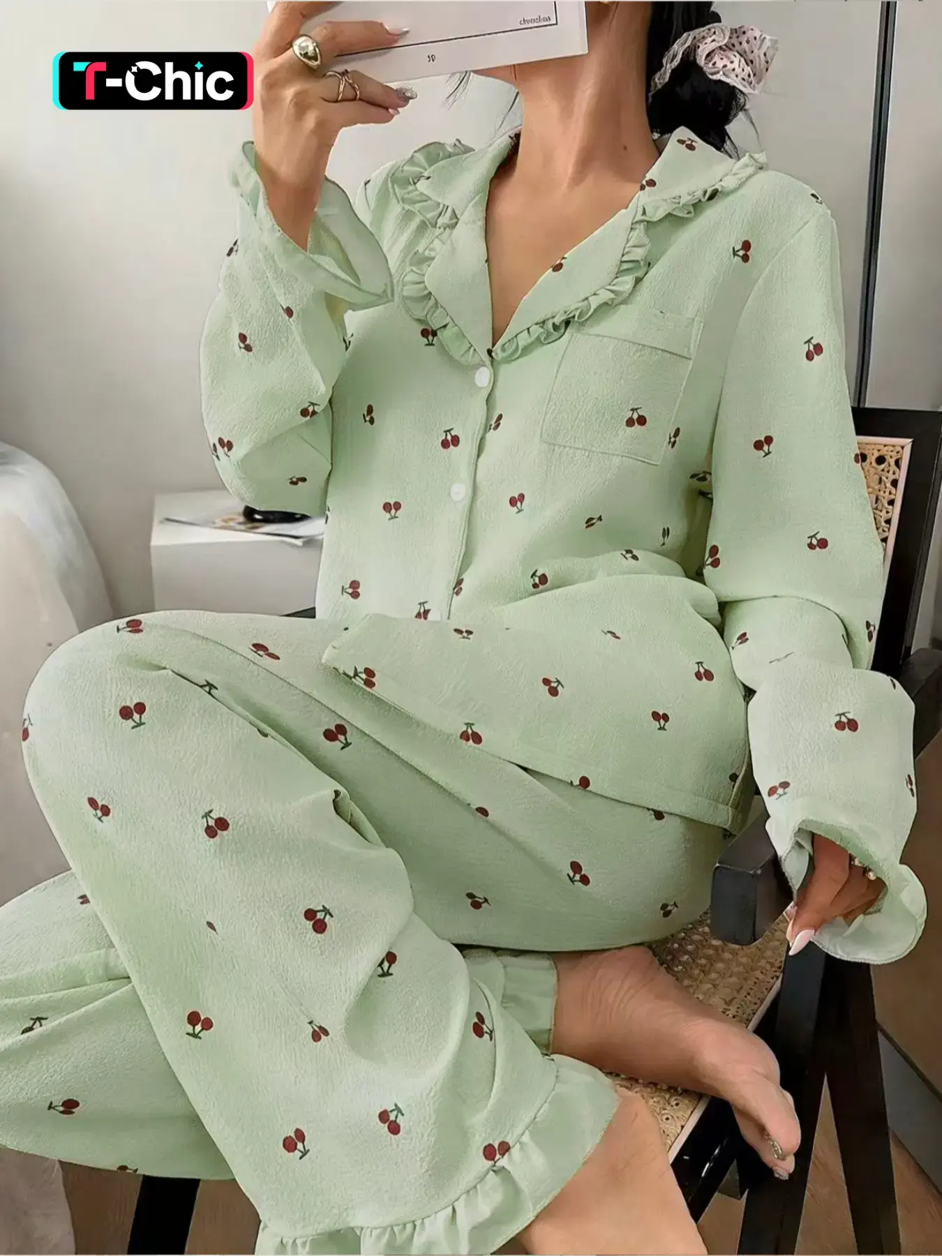 Women's Sleepwear Set, Cherry Print Ruffle Long Sleeve Pajamas, Open Front Collar Comfortable Nightwear, Soft Button-Up Top & Elastic Waist Pants