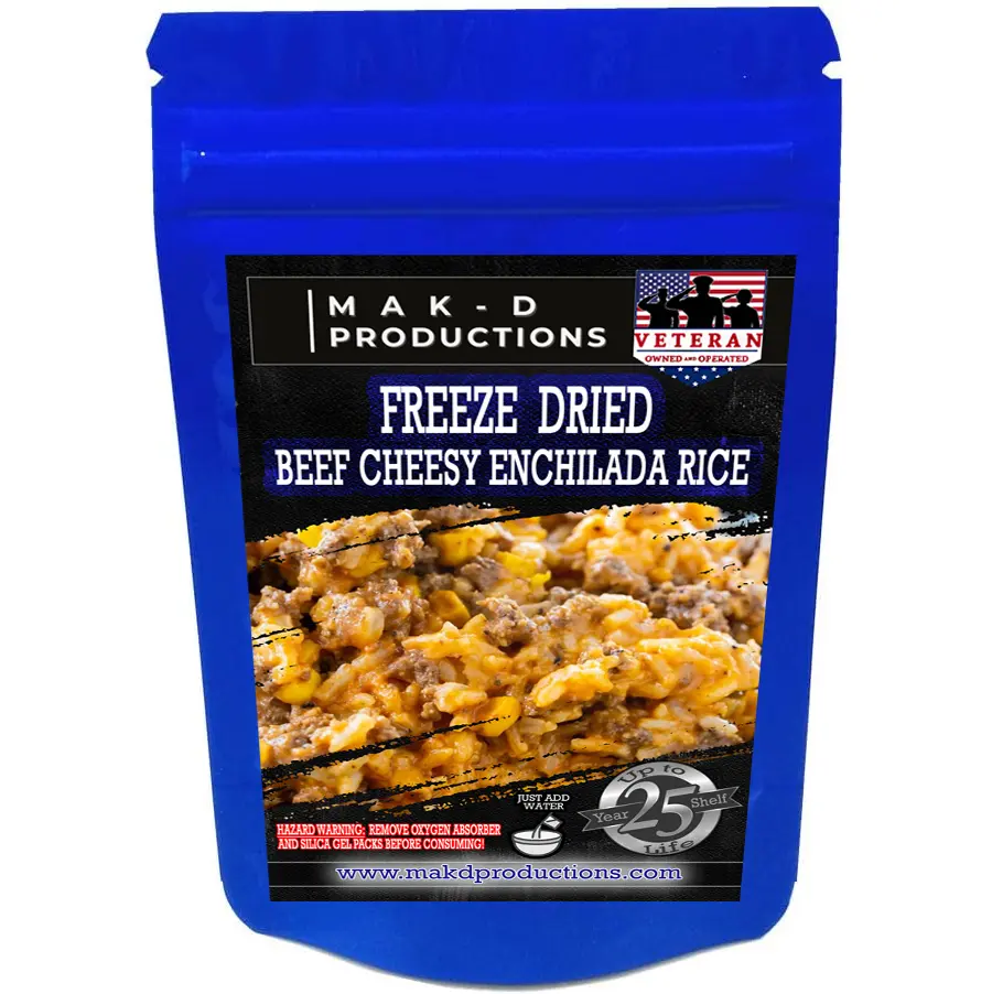 MAK D Productions - Freeze Dried Meal  - Beef - Rice - Beef Cheesy Enchilada Rice - Gourmet Recipes by a Sullivan University (Louisville, Kentucky) Culinary Chef Graduate - NEVER BLAND TASTING - MADE IN THE USA