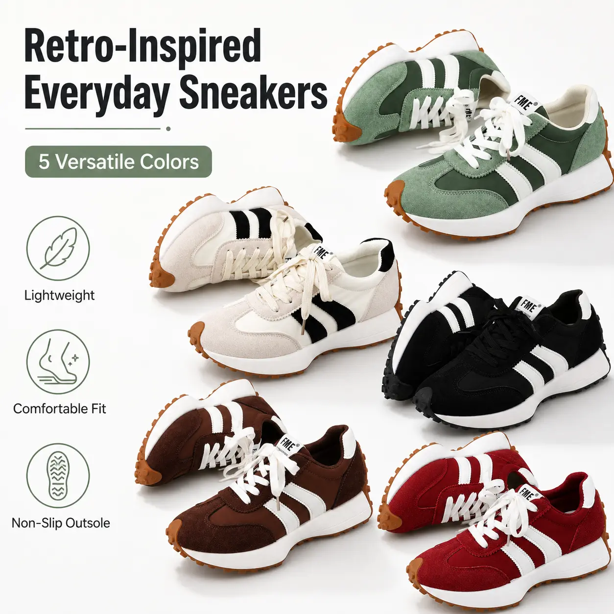 Unisex Retro Casual Sneakers, Comfortable Low Top Walking Shoes, Classic Stripe Shoes with Gum Sole, Everyday Streetwear Sneakers for Men Women