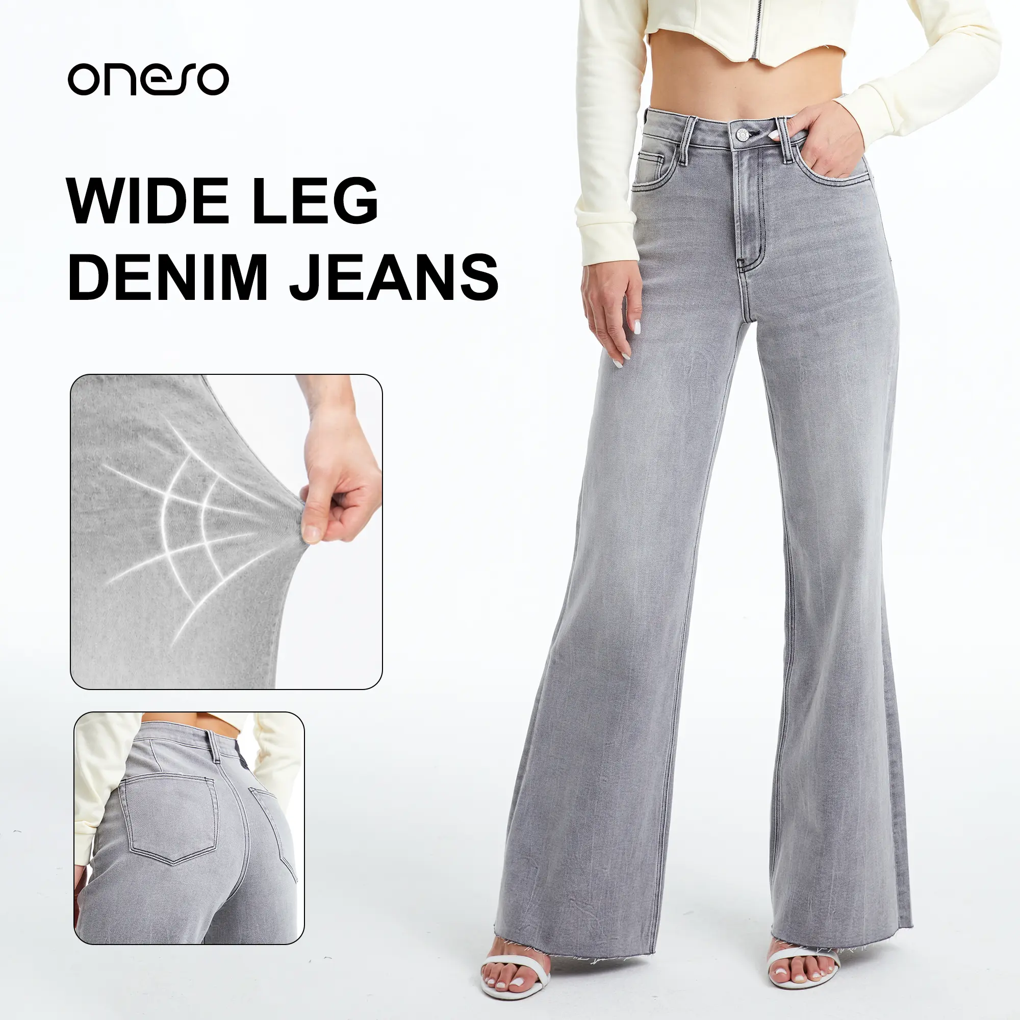 ONESO High Rise High Stretchy Wide Leg Jeans Raw Hem Denim Pants