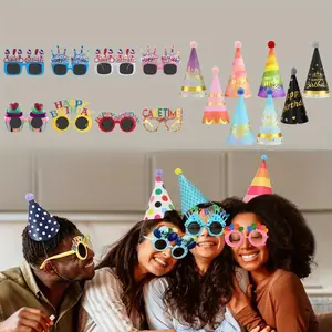 16PCS Birthday Party Hats for Adults Rainbow Colorful Sunglasses Cone Birthday Decorations Supplies, 8 Colorful Birthday Hat and 8 Sunglasses
