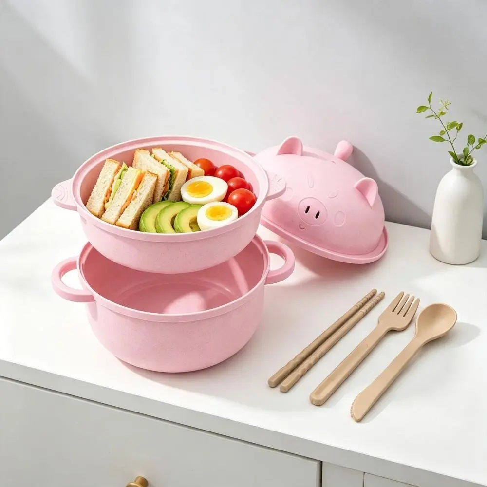 Student Dorm Portable Wheat Straw Dining Bowl, Microwave Safe Filter Cover Instant Noodle Tableware Set(Pig-Pink）