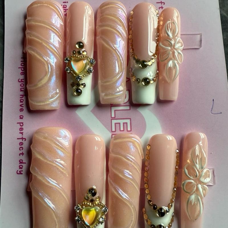 1.7 inches Square Nails Acrylic Press On with Rhinestones and Pearls for Elegant Manicure
