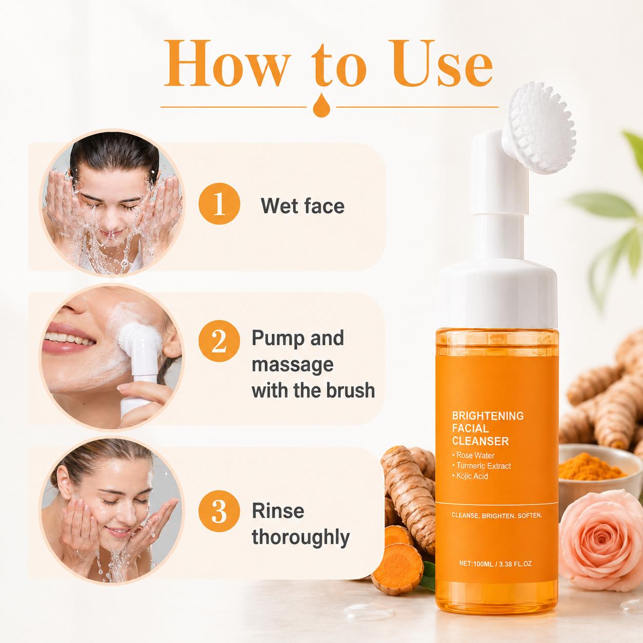 Turmeric & Kojic Acid Foaming Facial Cleanser (100ml) with Built-In Silicone Brush, Gentle Brightening Foamy Foam Face Wash with Turmeric Blend, Rose Water for All Skin Types, Daily Use & Freshness