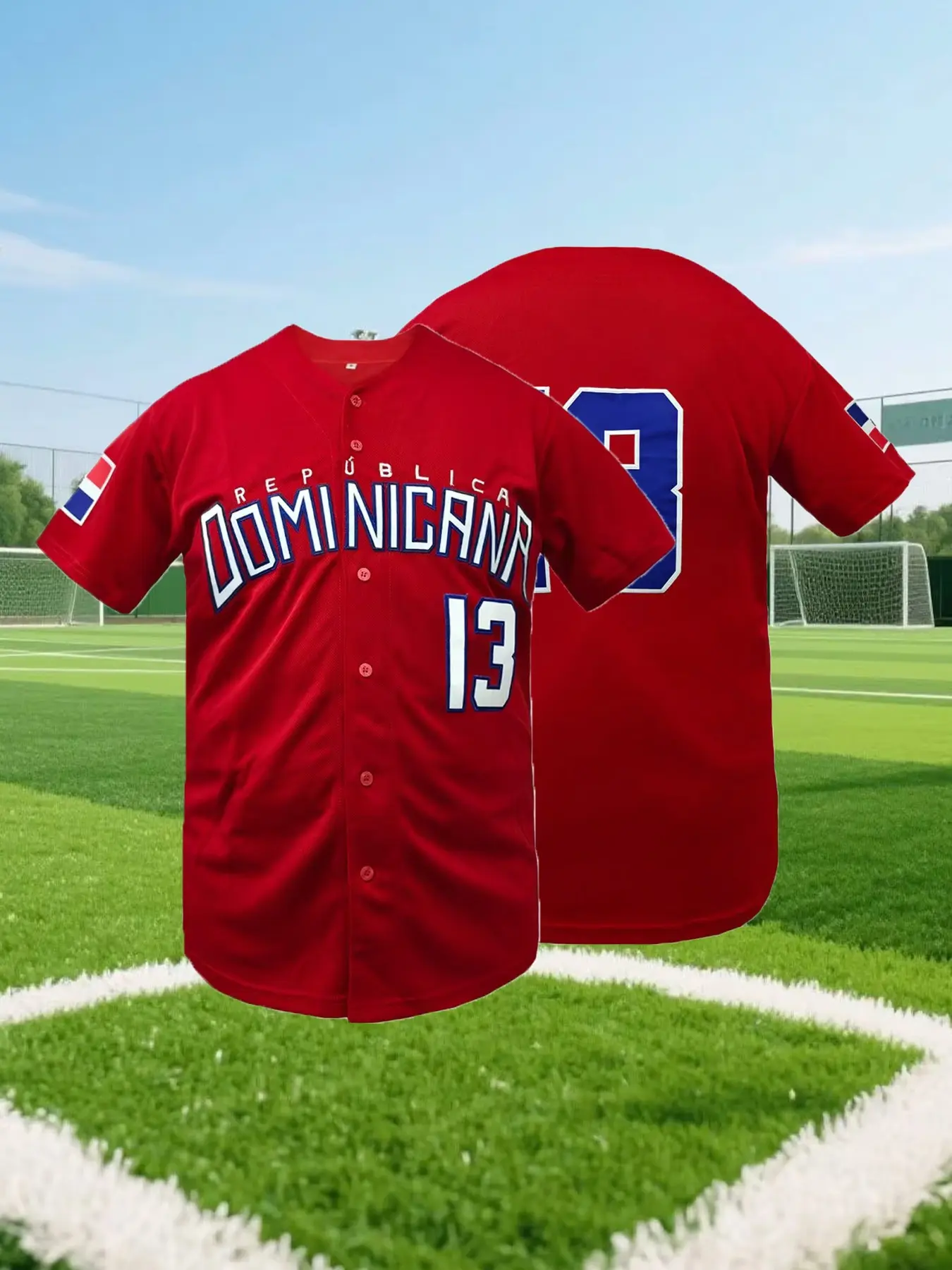 Men's Dominicana #13 Embroidered V-Neck Loose Fit Breathable Sports Shirt, Embroidery Sportswear, Sportswear Clothing, Athletic Tops, Short Sleeve Baseball Jersey, for Sports & Parties, Casual Wear, Themed Events, Bold Number Design, Durable Fabric