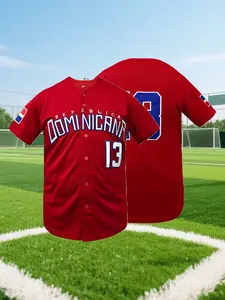 Men's Dominicana #13 Embroidered V-Neck Loose Fit Breathable Sports Shirt, Athletic Tops, Sportswear Clothing, Short Sleeve Baseball Jersey, Loose Fit for Sports & Parties, Casual Wear, Themed Events, Bold Number Design, Durable Fabric