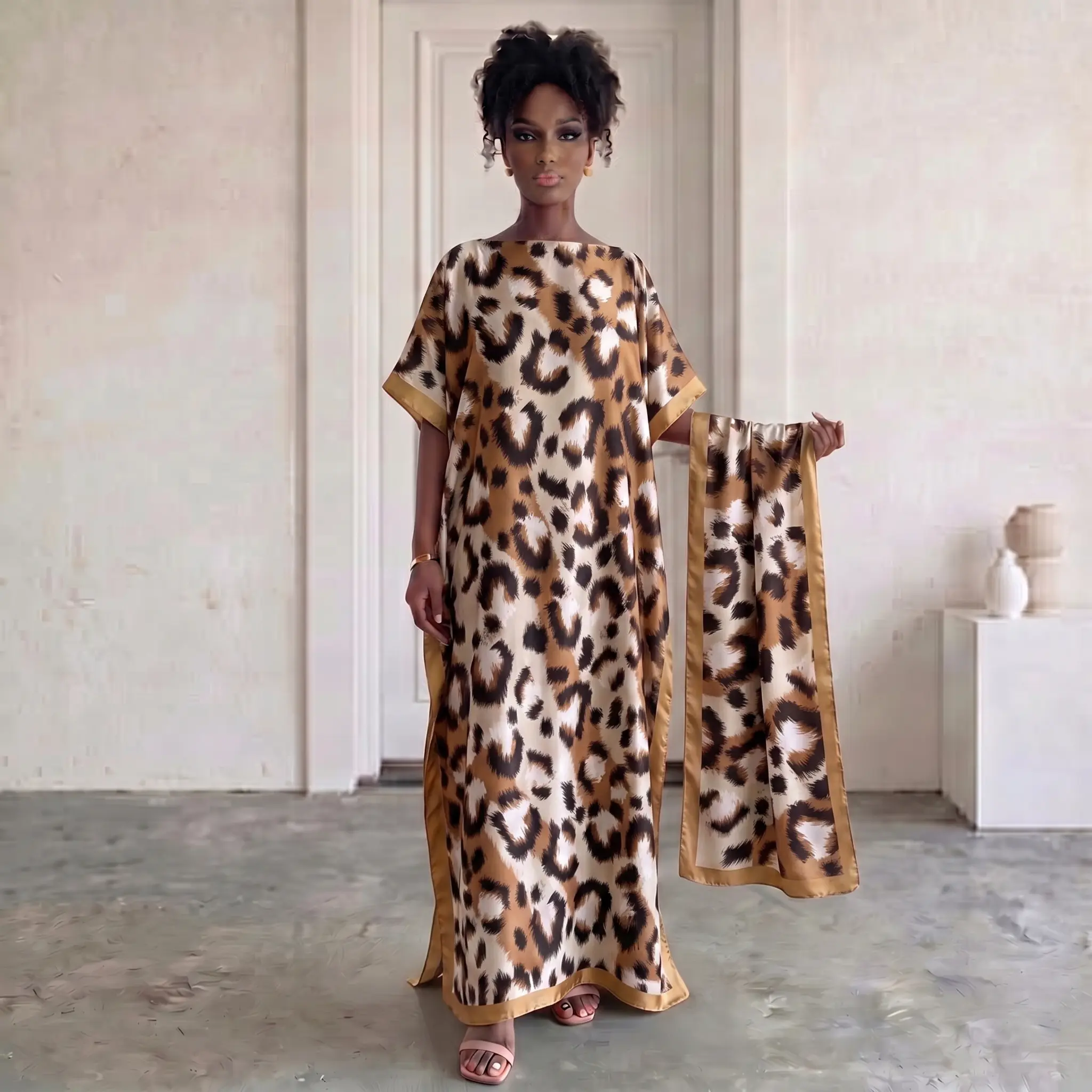 Moo Moo Kaftan Set With Matching Hijab, Classic Cream Brown Leopard Print Glossy Satin, Silky Loose Side Split Maxi Dress, Trendy Modest Outfit For Party Holiday Wedding Daily Summer Beach Wear