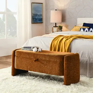 [SOIYELIFE] Orange Chenille Oval Storage Ottoman Bench - Large Capacity Ottoman with Upholstered Seat for Entryways, Living Rooms & Bedrooms