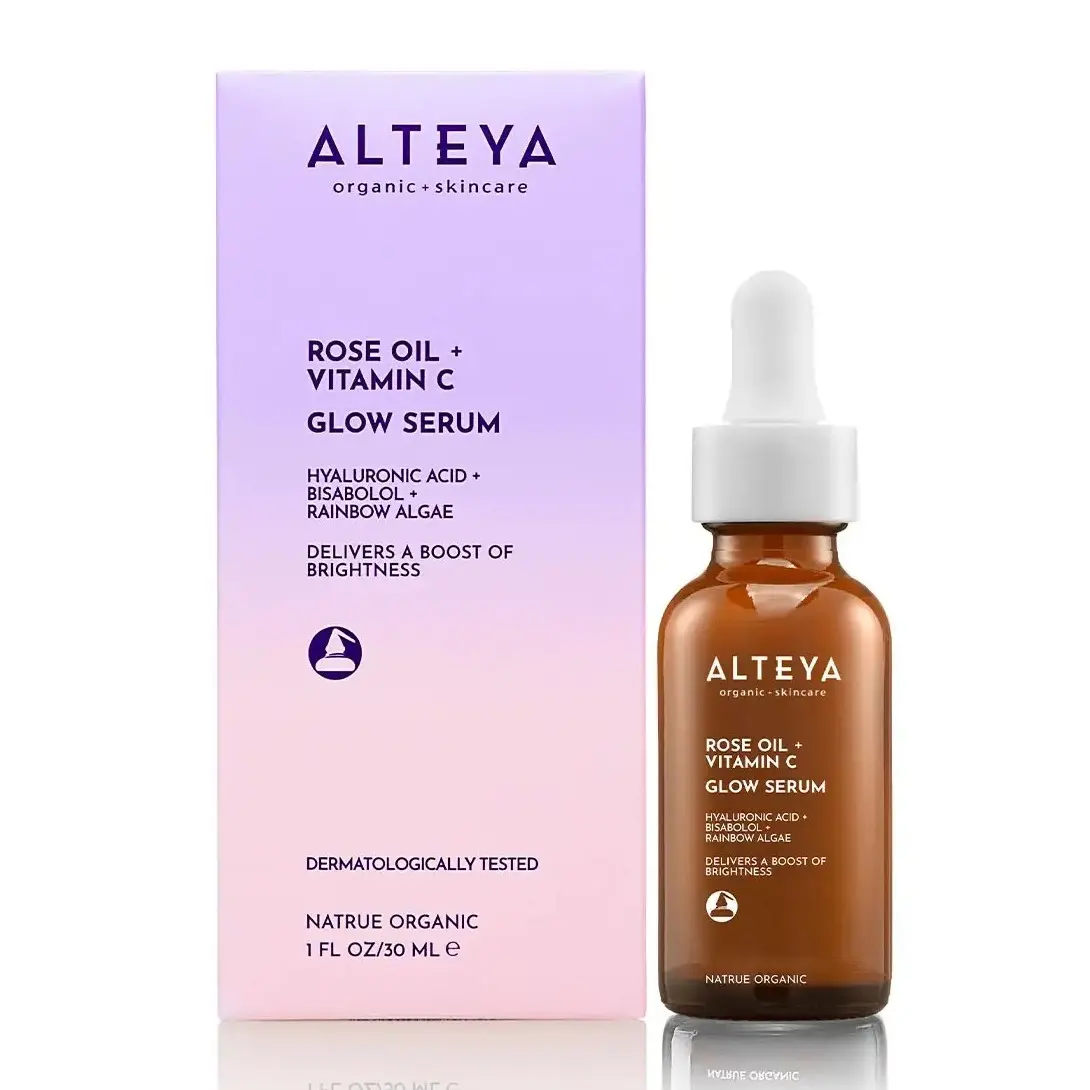 ALTEYA Organic Rose Oil + Vitamin C Glow Brightening Serum 30ml - Hydrating Dewy Skin Formula with Hyaluronic Acid, Rainbow Algae, Bulgarian Rose Otto Oil for Radiant Look, Firming, Repair, Moisture Boost (All Skin Types), Hydrate, Skin Repair