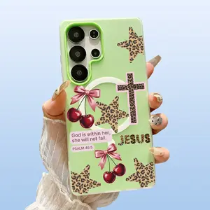 Red Cherry and Cross Pattern Phone Case For Samsung Galaxy S26 Ultra S25 Plus S24 FE S23 S22 Luxury Candy Color 2-in-1 Shockproof Magnetic Smartphone Case Matte Soft Cellphone Casing Cover