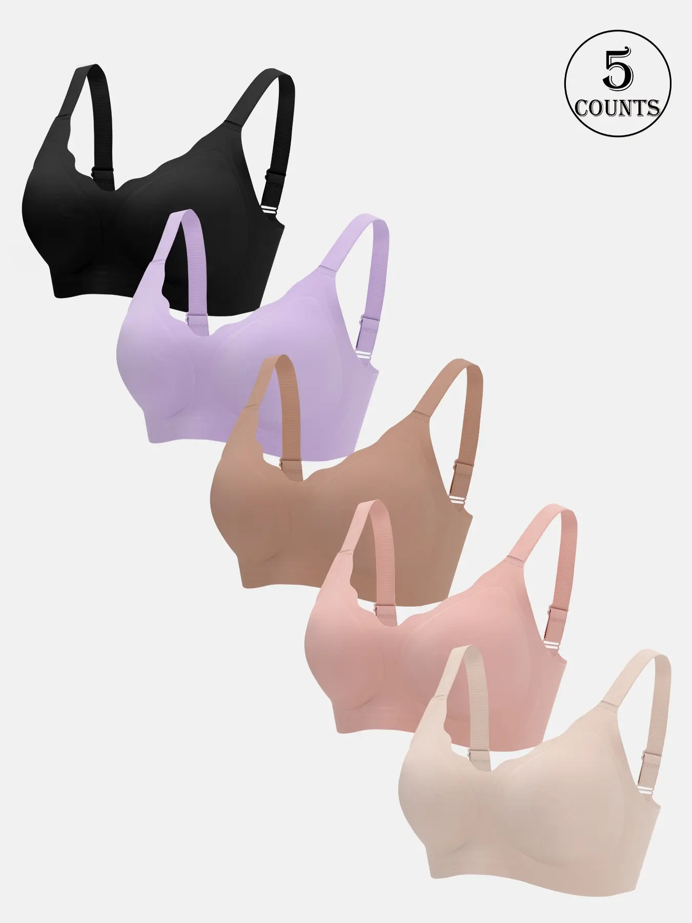 5 pack Solid color seamless women's underwear bra, Seamless sports bras, Wireless sports bras, No underwire Comfortable and skin-friendly Anti-sagging gathering High elastic shoulder straps adjustable slim back