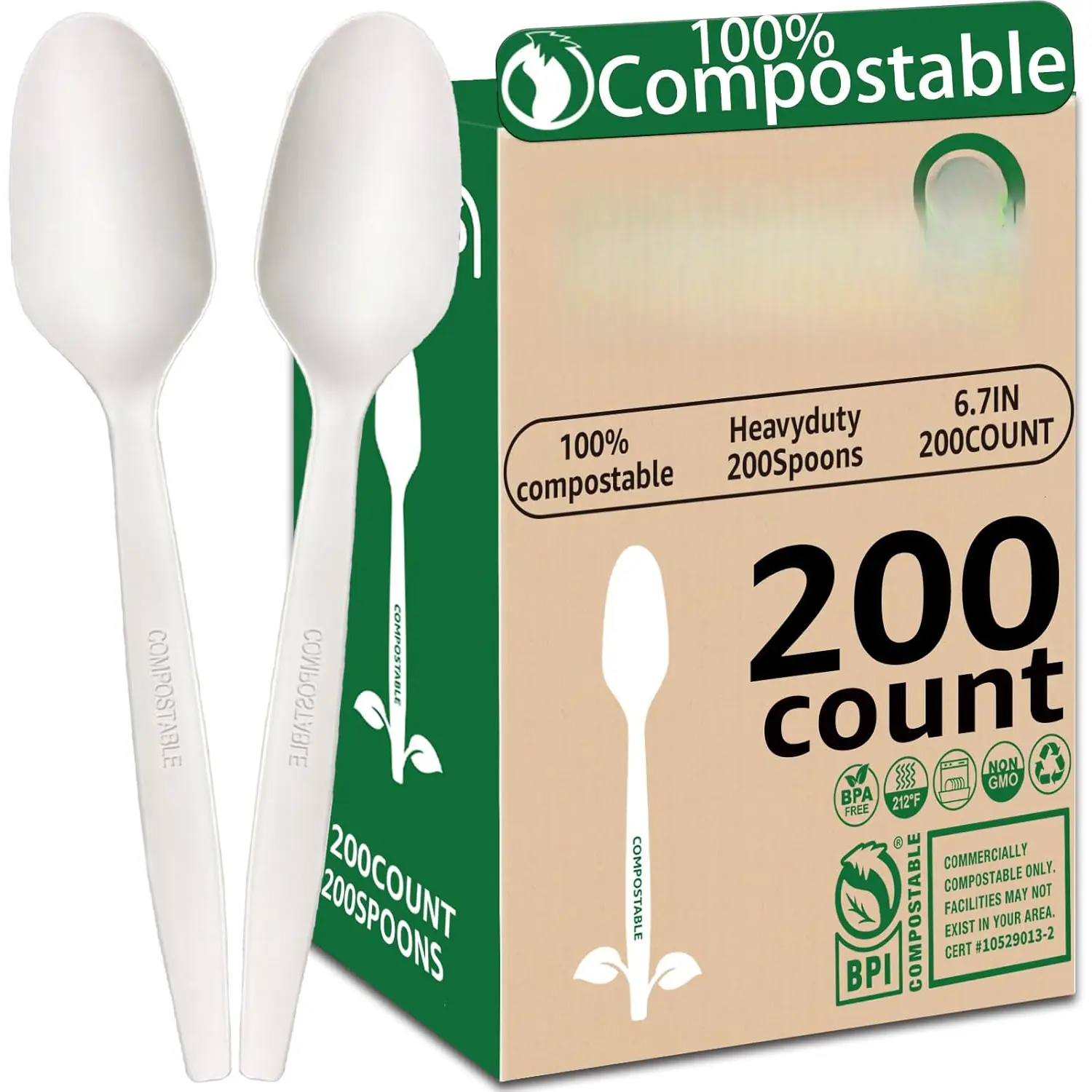 200Count  Compostable Spoons Biodegradable Spoon HeavyDuty No Plastic Spoons  HeavyWeight Disposable Spoon Tableware Set for Lounge,Party,BBQ,Cafeteria,Wedding,Picnic