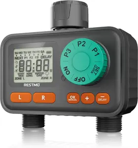 RESTMO 2-Zone Sprinkler Timer with 3 Separate Programs, 7-Day Programmable Water Timer for Garden Hose, Automatic Control/Manual/Rain Delay, Ideal for Drip Irrigation and Lawn Watering System