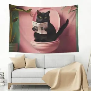Black Cat on The Pink Toilet Tapestry Wall Hanging, Trippy Tapestries, Aesthetic Art Print Mural Blanket for Living Room, Bedroom, Home Decoration, Vintage Tapestry