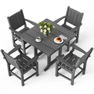 Pamapic 5 PCS Outdoor Dining Set, 450 LBS HDPE Outdoor Table and Chairs, Spacious Patio Dining Sets with Elegant Armrest, All-Weather Wood Grain Outdoor Dining Table with Umbrella Hole,