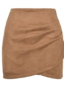 Women's Plain Suede Velvet Bodycon Skirt, Fall Winter Pleated Asymmetrical Zipper Short Dress, Elegant Fashionable Design